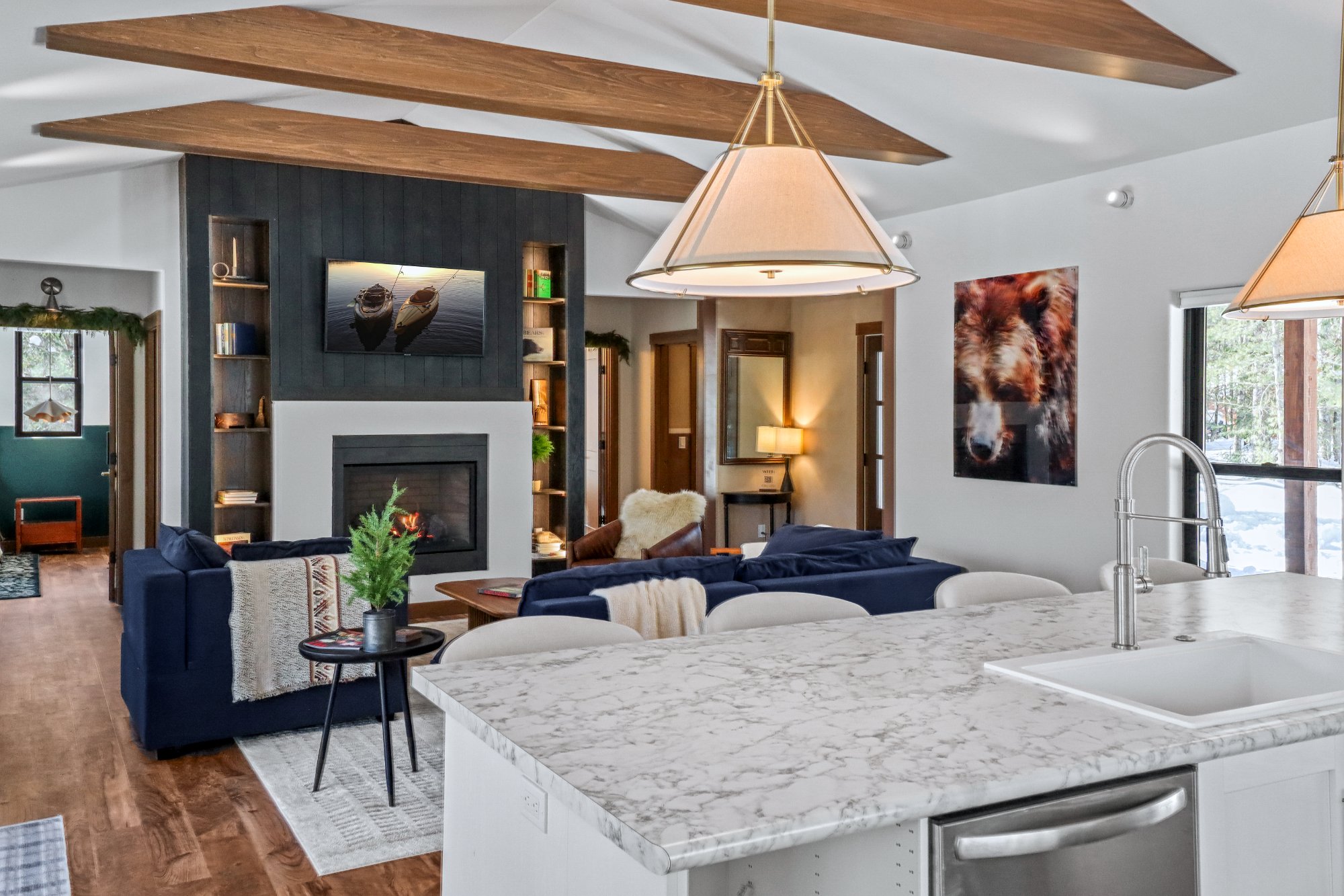 Kitchen island marble fireplace