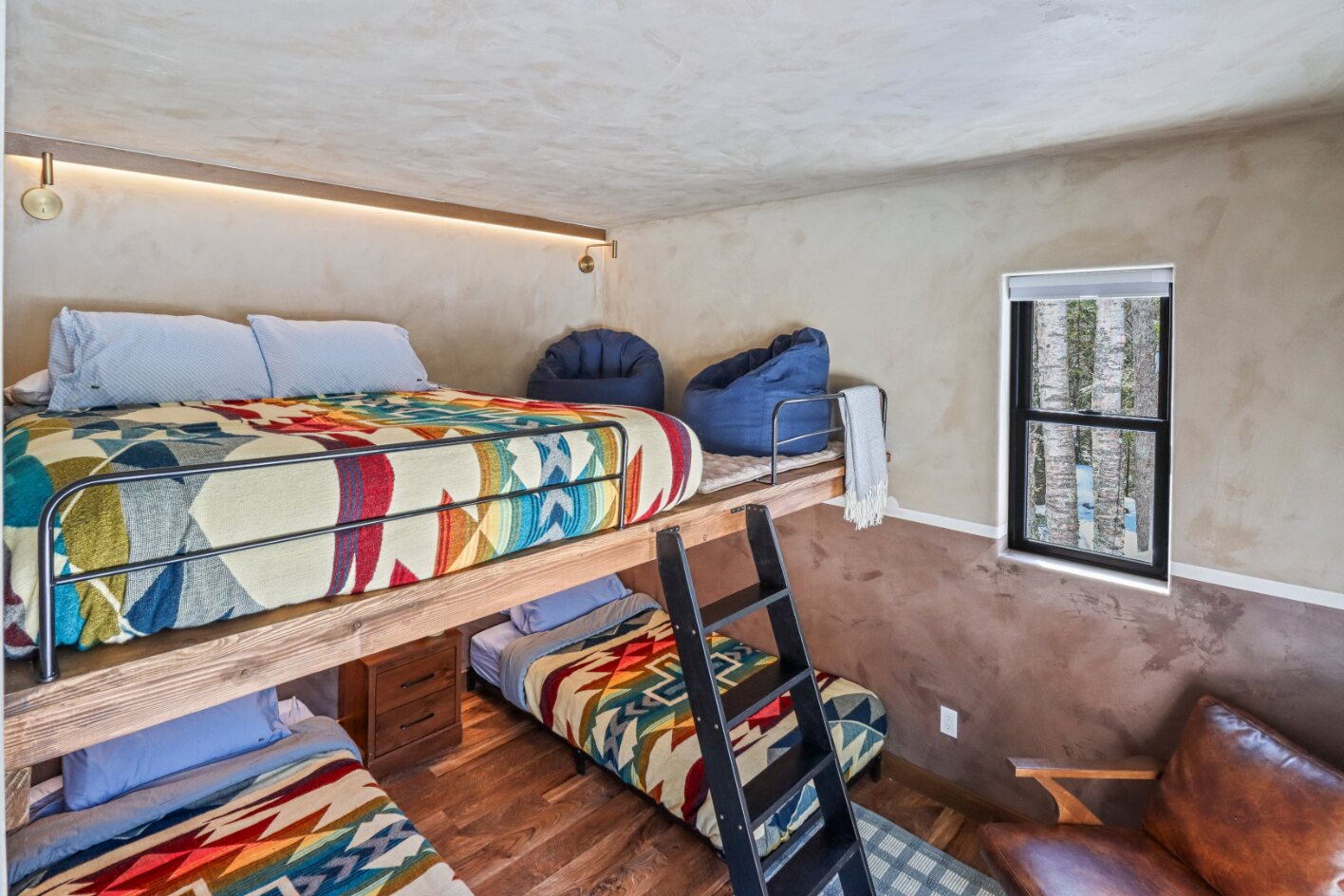 Built-in bunk room with queen loft and Twin XL beds