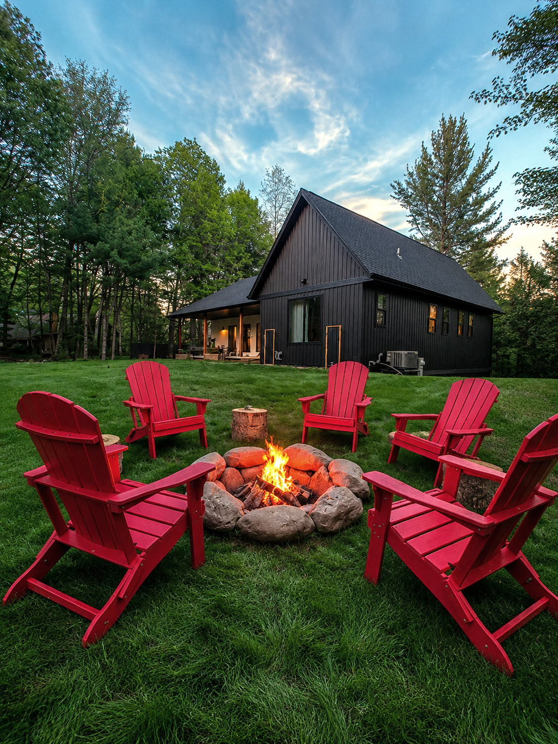 Waterfront fire pit and Adirondack chairs at evening