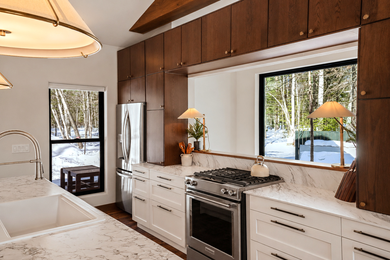 Gas range, walnut cabinets, and picture window