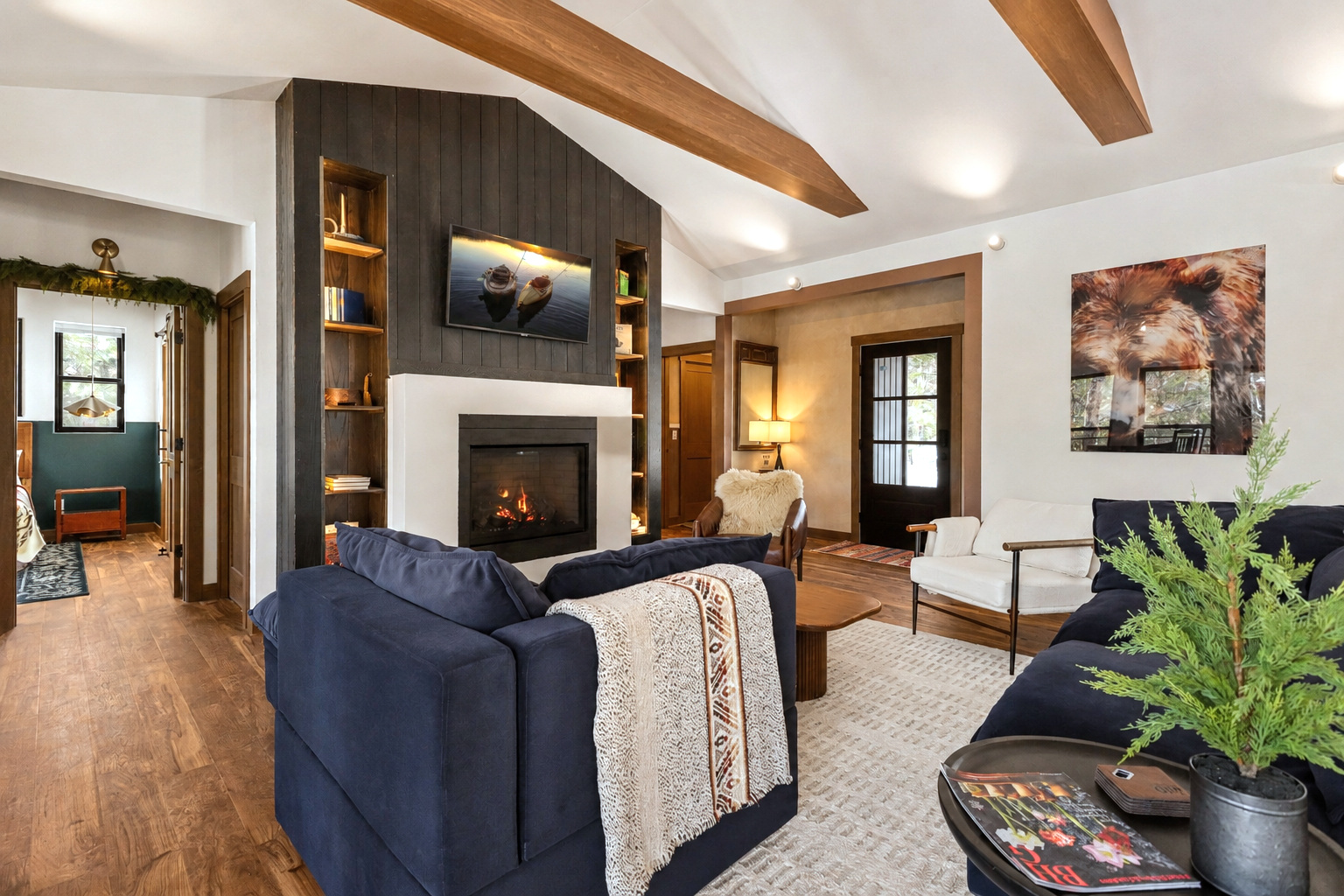 Living room centered on the gas fireplace